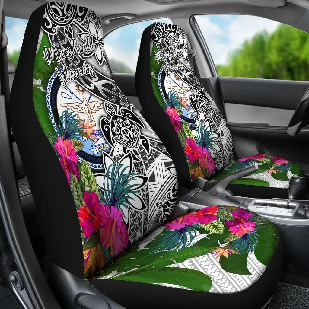 Marshall Islands Car Seat Covers White - Turtle Plumeria Banana Leaf Crest