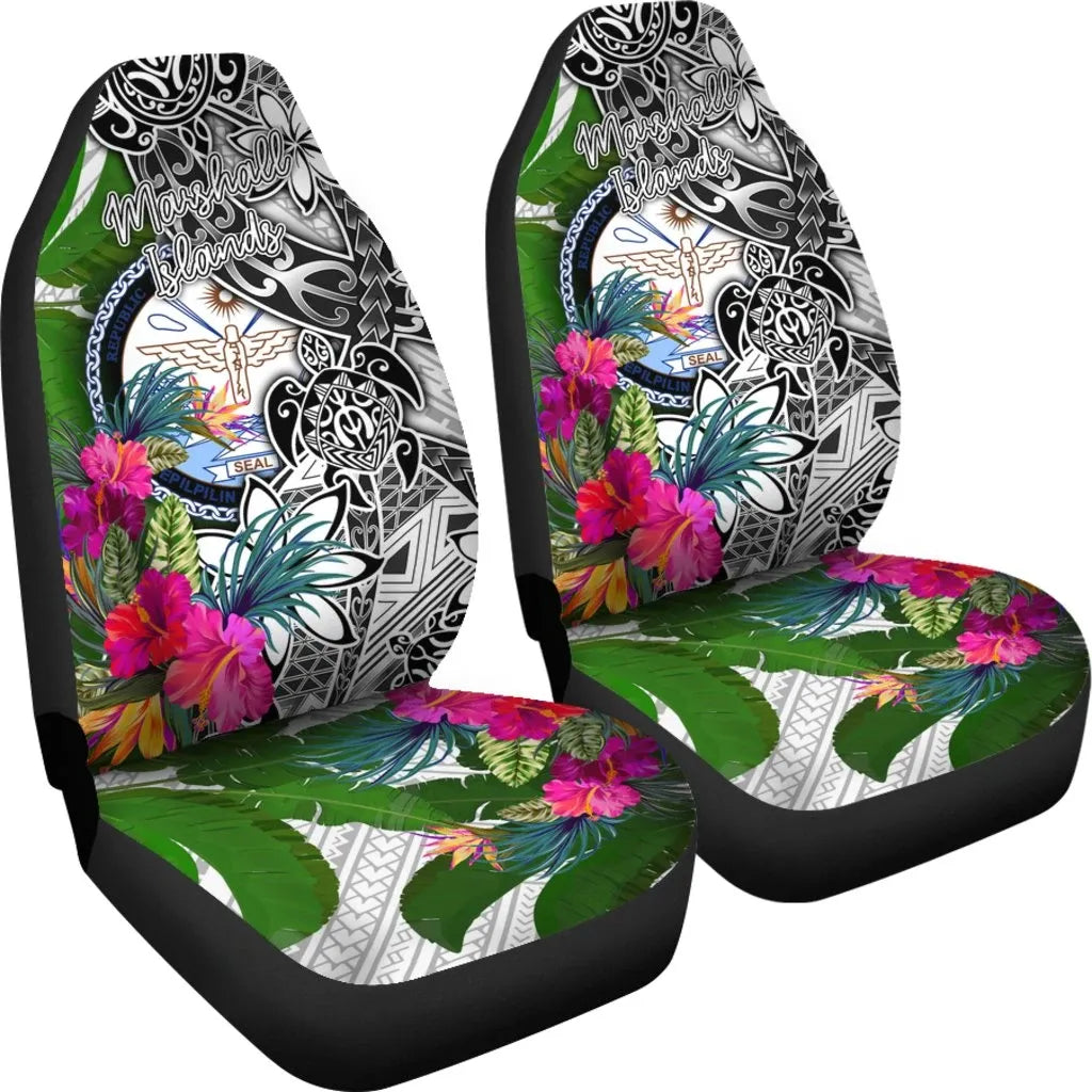 Marshall Islands Car Seat Covers White - Turtle Plumeria Banana Leaf Crest