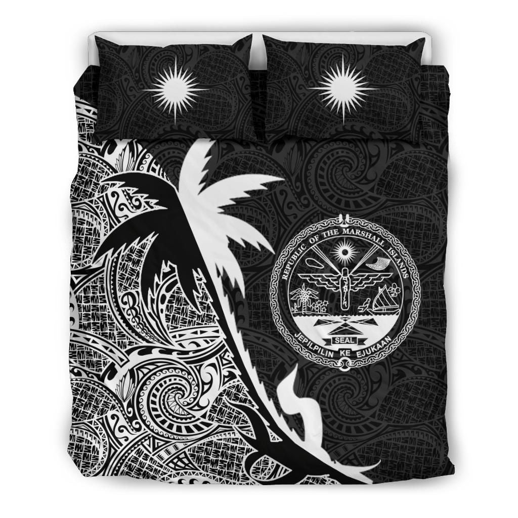 Marshall Islands Duvet Cover Set - Marshall Islands Coat Of Arms & Coconut Tree Black White