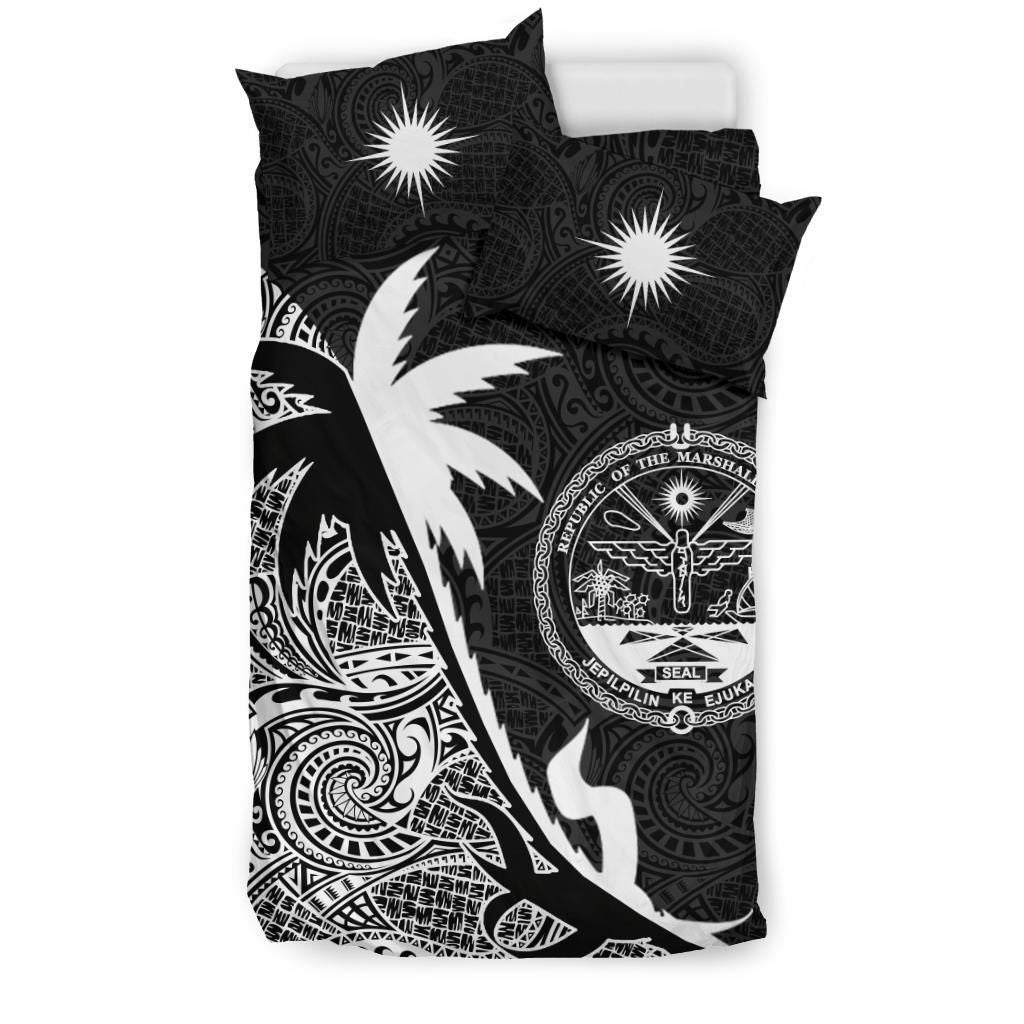 Marshall Islands Duvet Cover Set - Marshall Islands Coat Of Arms & Coconut Tree Black White