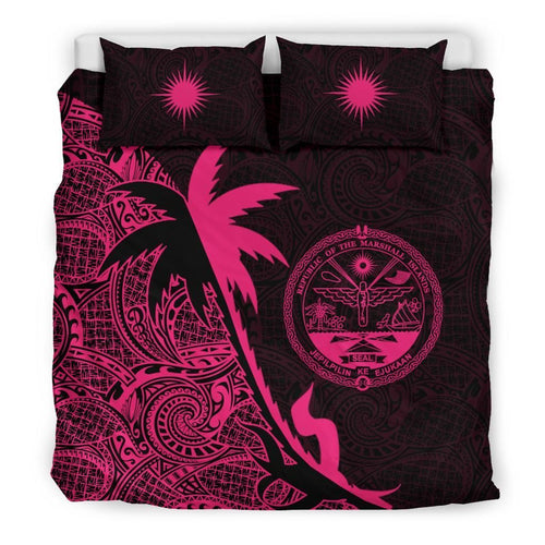 Marshall Islands Duvet Cover Set - Marshall Islands Coat Of Arms & Coconut Tree Pink