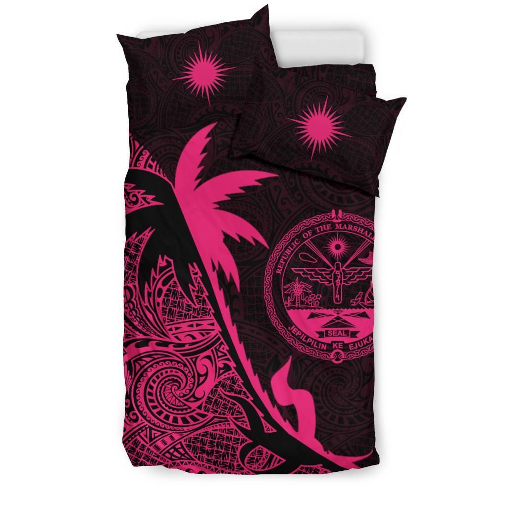 Marshall Islands Duvet Cover Set - Marshall Islands Coat Of Arms & Coconut Tree Pink