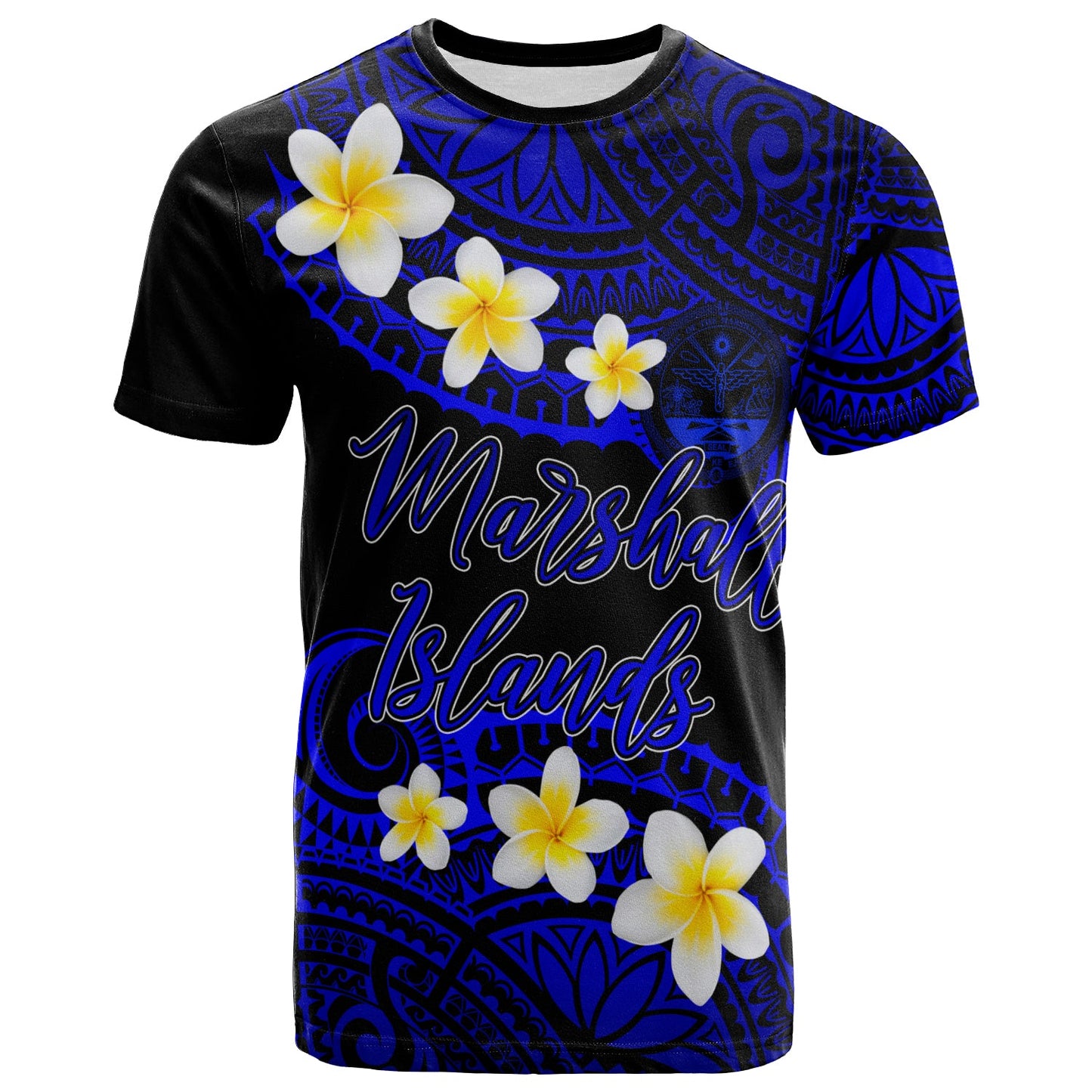 Marshall Islands Crest Custom Personalised T-Shirt - Plumeria Polynesian Vibe Blue