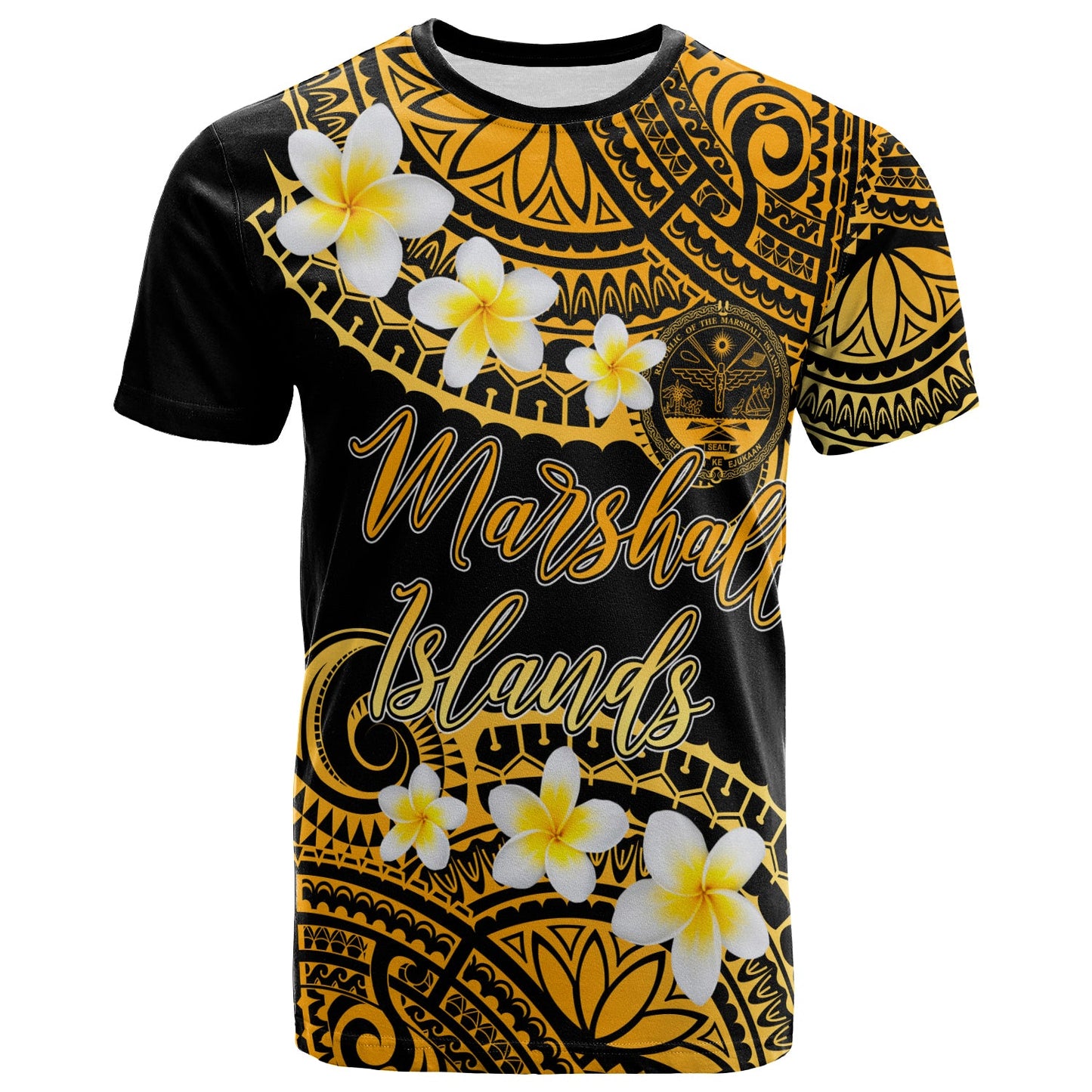 Marshall Islands Crest Custom Personalised T-Shirt - Plumeria Polynesian Vibe Gold