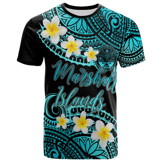 Marshall Islands Crest Custom Personalised T-Shirt - Plumeria Polynesian Vibe Turquoise
