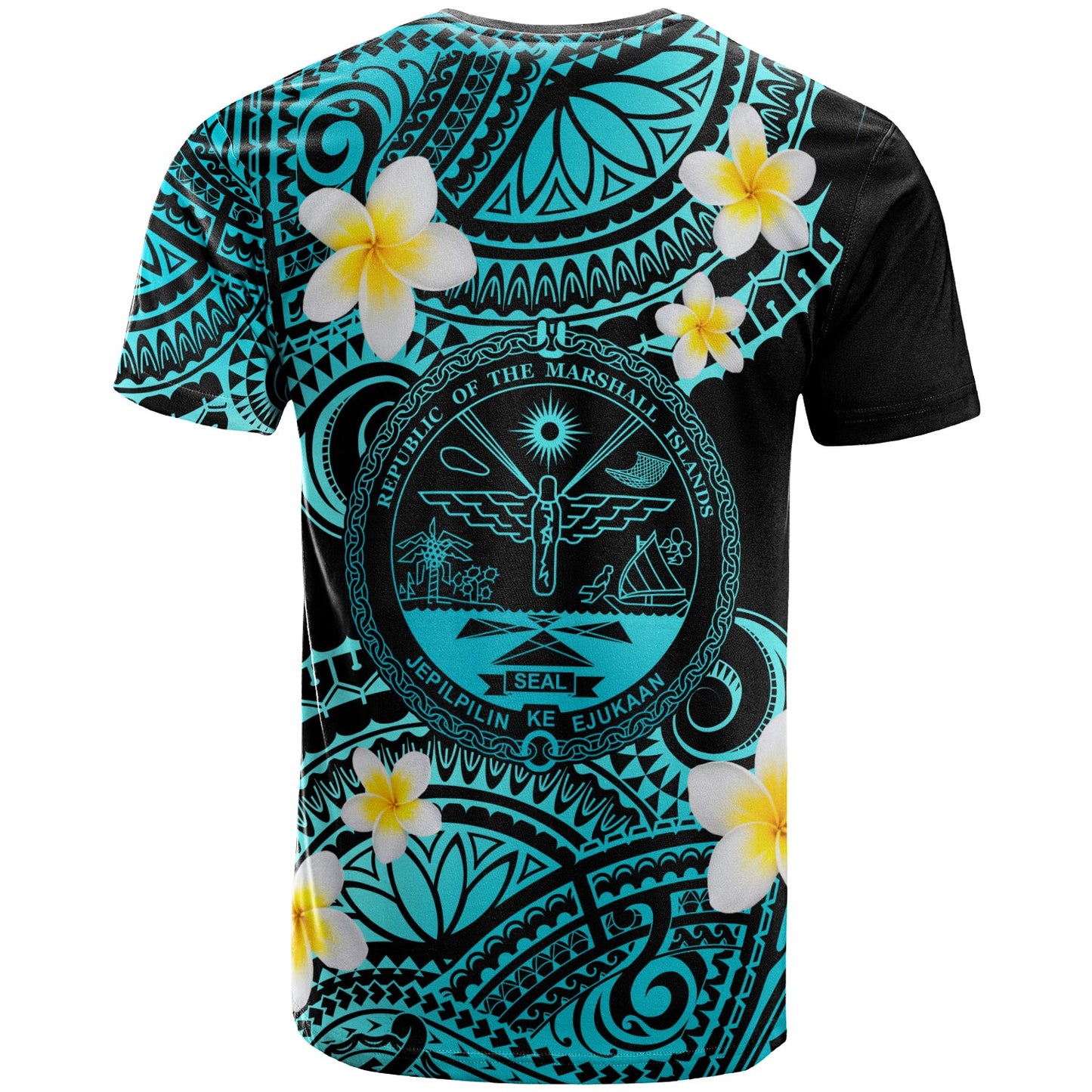 Marshall Islands Crest Custom Personalised T-Shirt - Plumeria Polynesian Vibe Turquoise