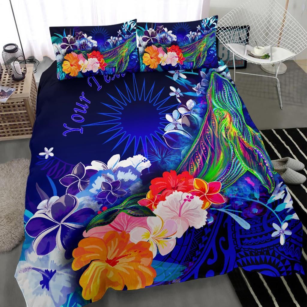 Marshall Islands Custom Personalised Bedding Set - Humpback Whale With Tropical Flowers (Blue)