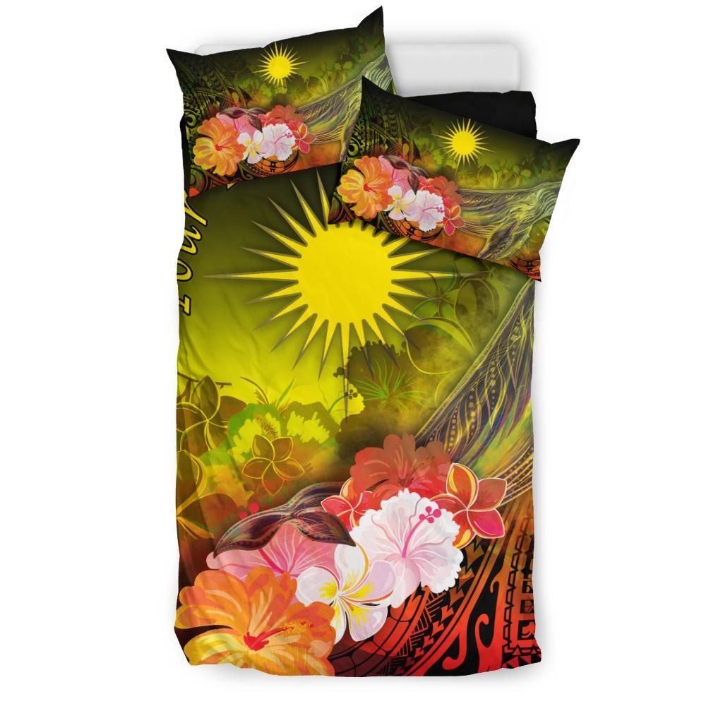 Marshall Islands Custom Personalised Bedding Set - Humpback Whale With Tropical Flowers (Yellow)