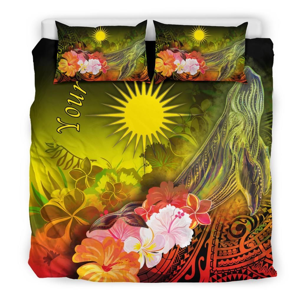 Marshall Islands Custom Personalised Bedding Set - Humpback Whale With Tropical Flowers (Yellow)