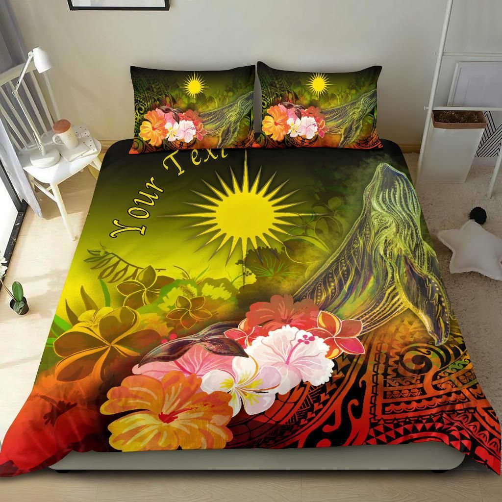 Marshall Islands Custom Personalised Bedding Set - Humpback Whale With Tropical Flowers (Yellow)