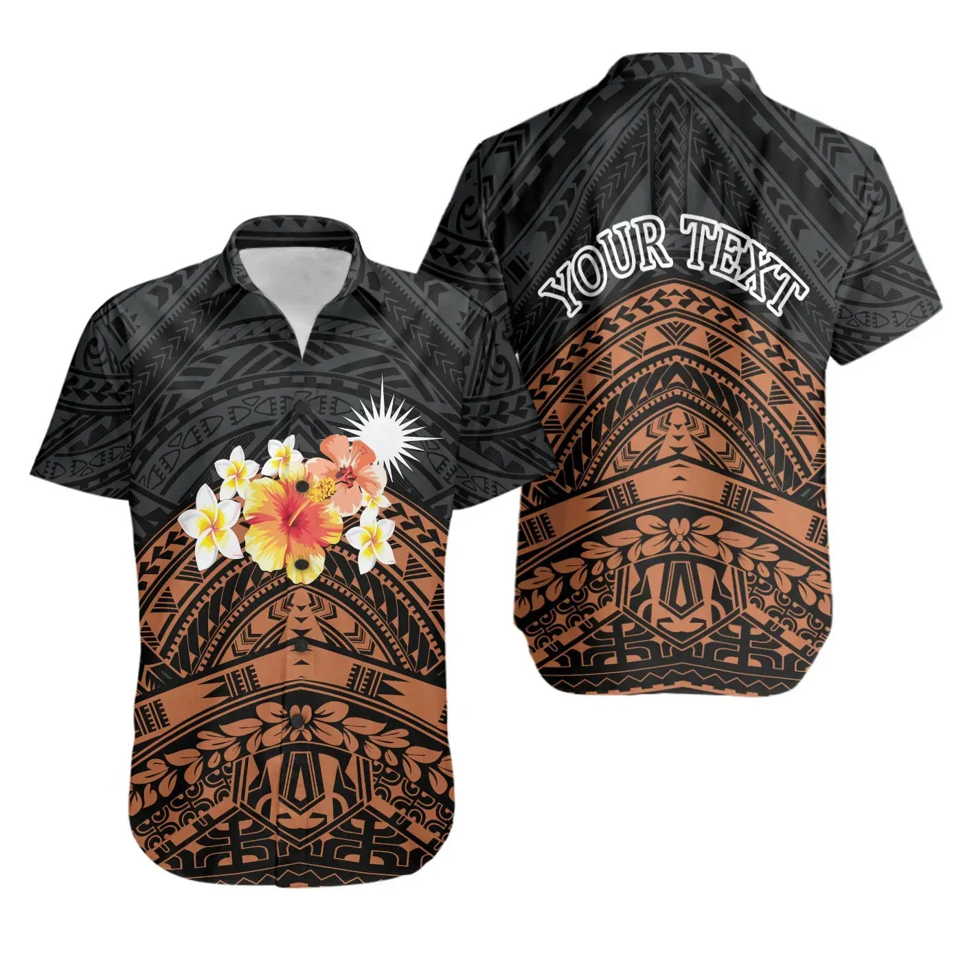 Marshall Islands Custom Personalised Short Sleeve Shirt - Tribal Pattern Hibiscus