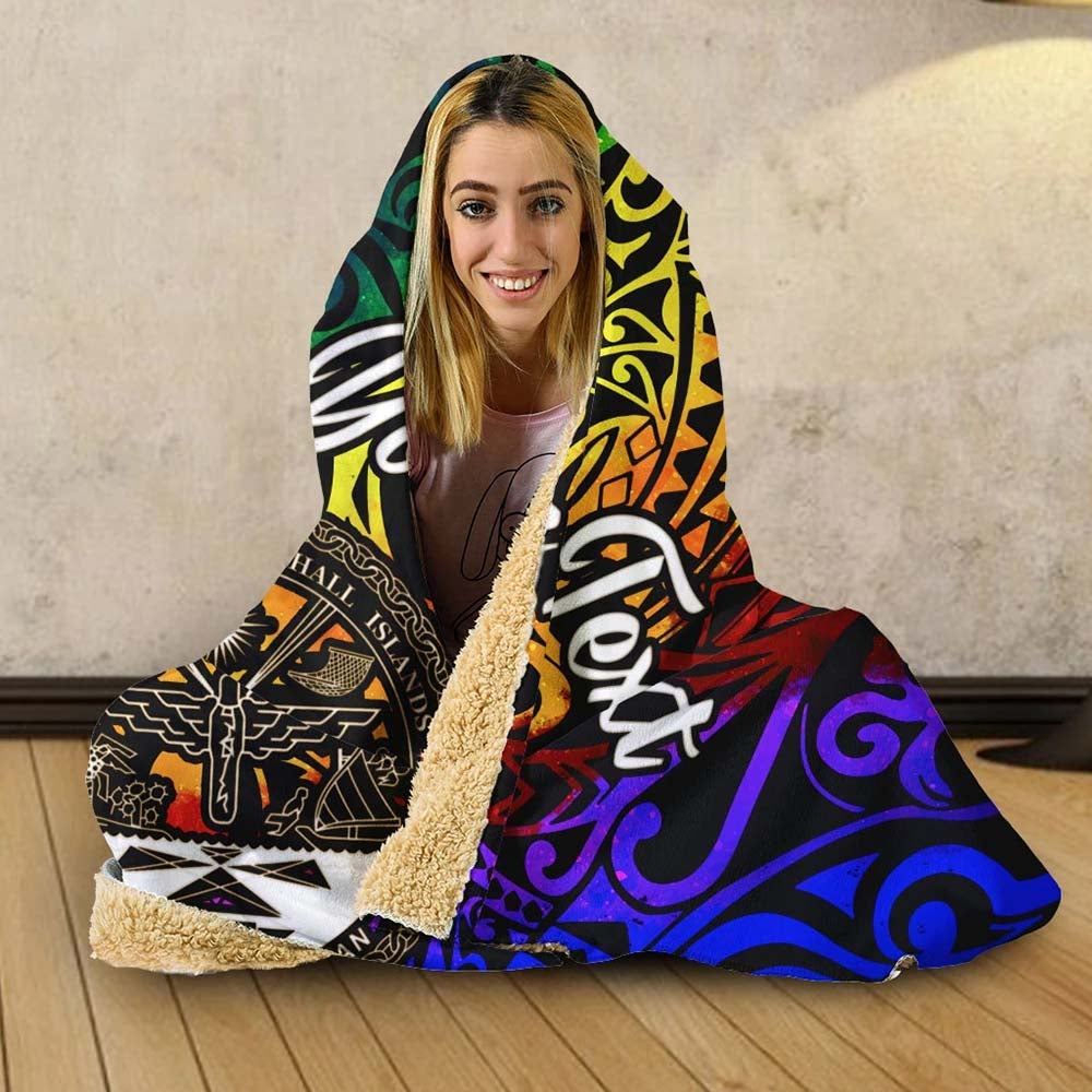 Marshall Islands Custom Personalised Hooded Blanket - Rainbow Polynesian Pattern Crest