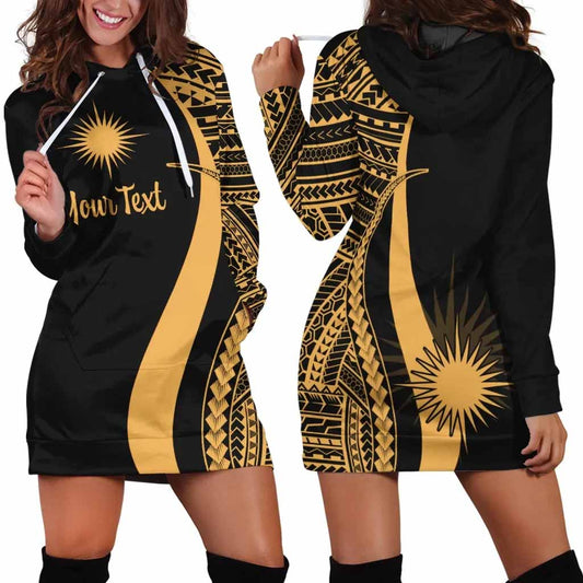 Marshall Islands Custom Personalised Hoodie Dress - Gold Polynesian Tentacle Pattern
