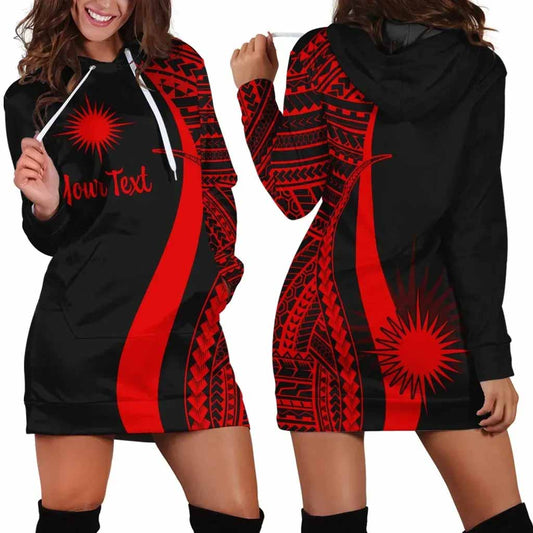 Marshall Islands Custom Personalised Hoodie Dress - Red Polynesian Tentacle Pattern