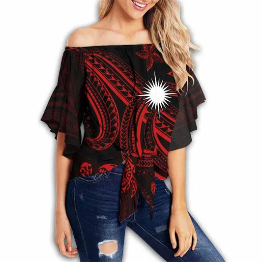 Marshall Islands Custom Personalised Off Shoulder Wrap Waist Top - Red Turtle