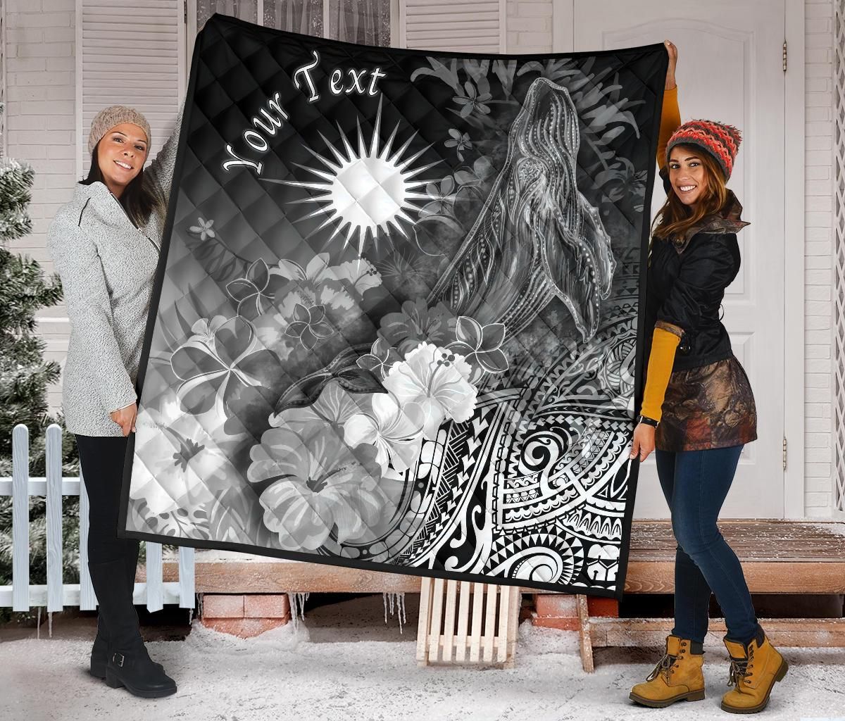 Marshall Islands Custom Personalised Premium Quilt - Humpback Whale with Tropical Flowers (White)