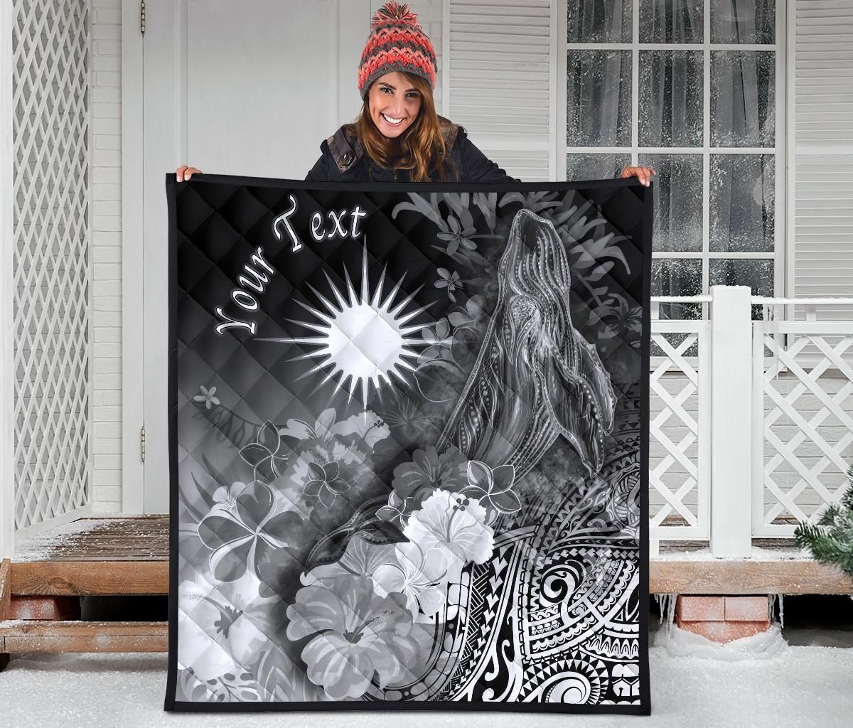 Marshall Islands Custom Personalised Premium Quilt - Humpback Whale with Tropical Flowers (White)