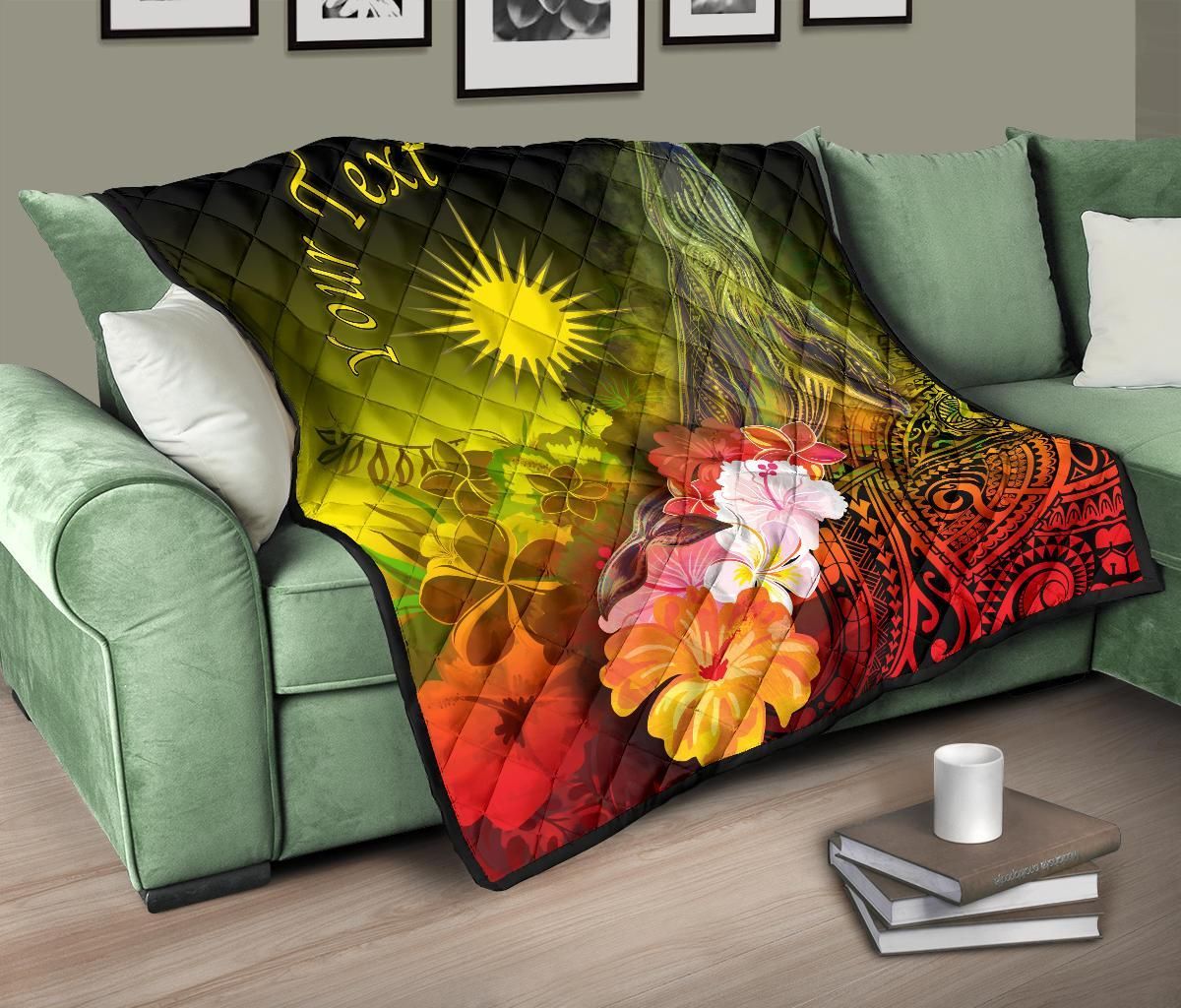 Marshall Islands Custom Personalised Premium Quilt - Humpback Whale with Tropical Flowers (Yellow)