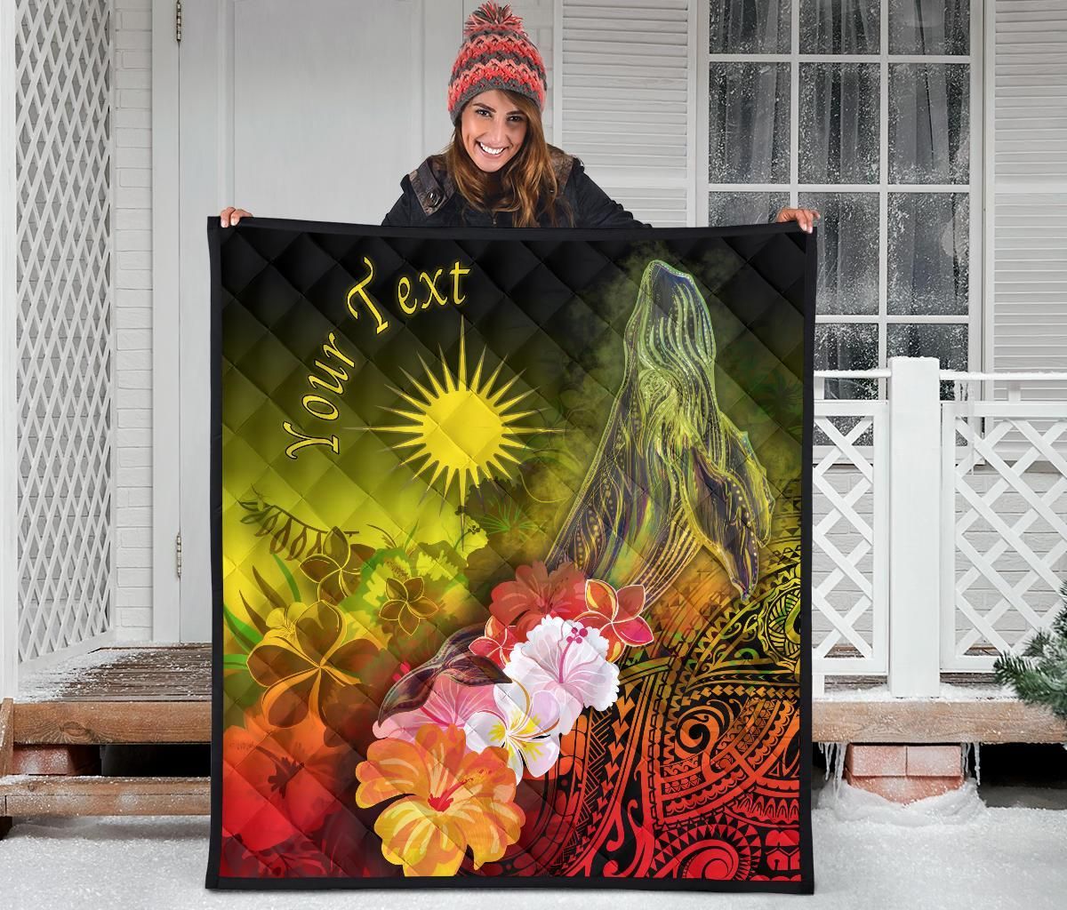 Marshall Islands Custom Personalised Premium Quilt - Humpback Whale with Tropical Flowers (Yellow)