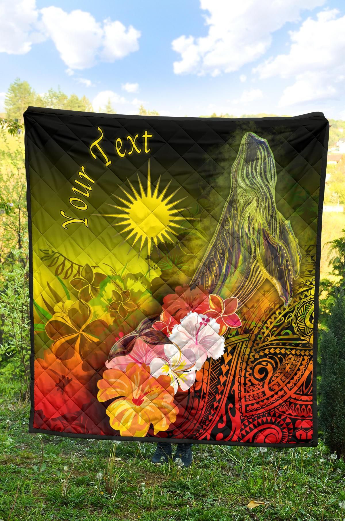 Marshall Islands Custom Personalised Premium Quilt - Humpback Whale with Tropical Flowers (Yellow)