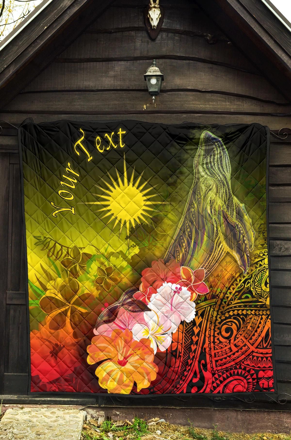 Marshall Islands Custom Personalised Premium Quilt - Humpback Whale with Tropical Flowers (Yellow)