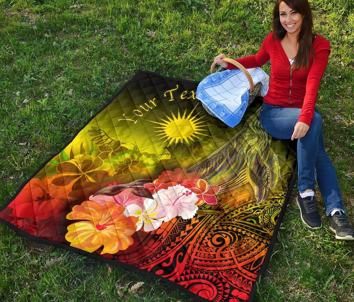 Marshall Islands Custom Personalised Premium Quilt - Humpback Whale with Tropical Flowers (Yellow)