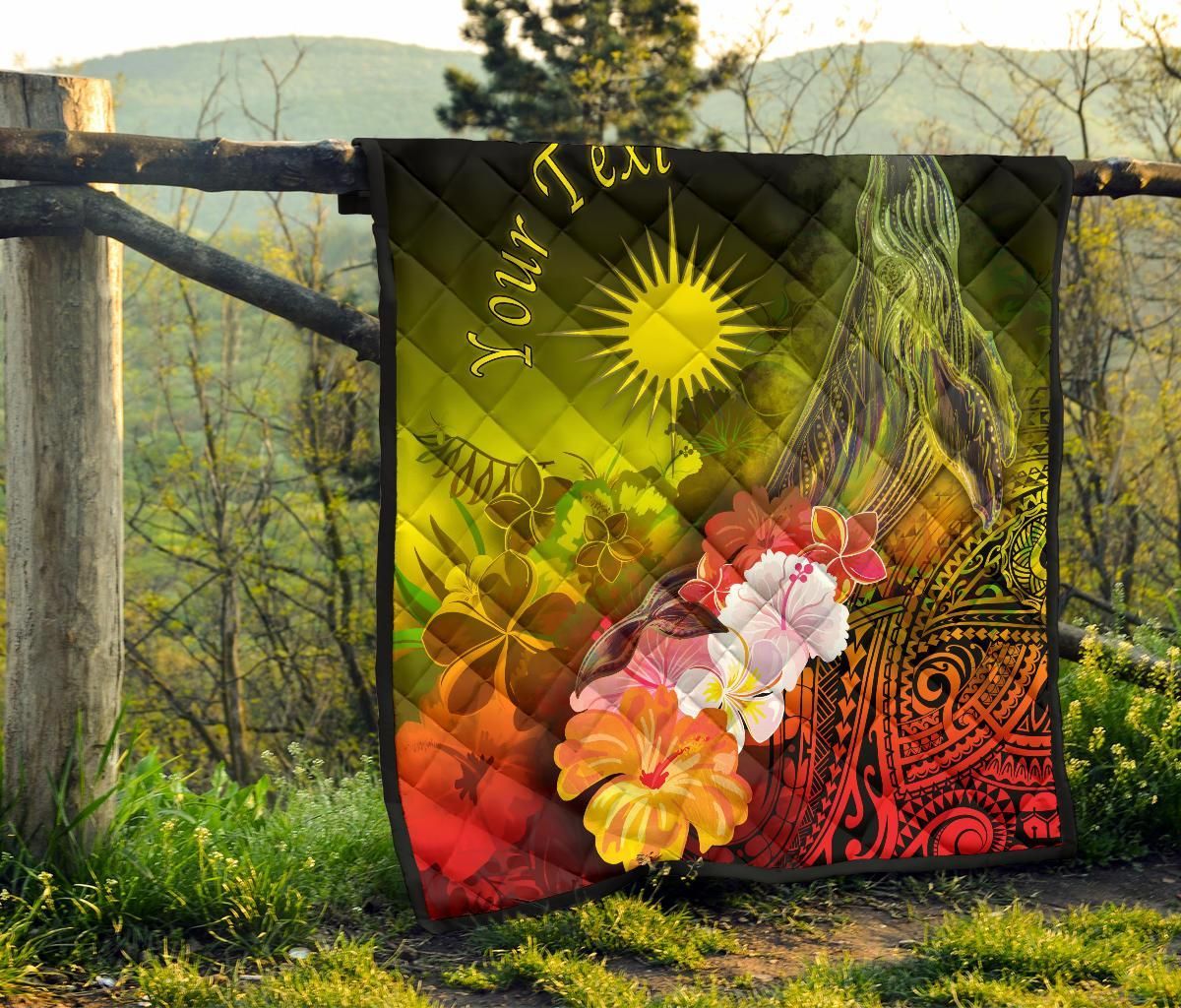 Marshall Islands Custom Personalised Premium Quilt - Humpback Whale with Tropical Flowers (Yellow)