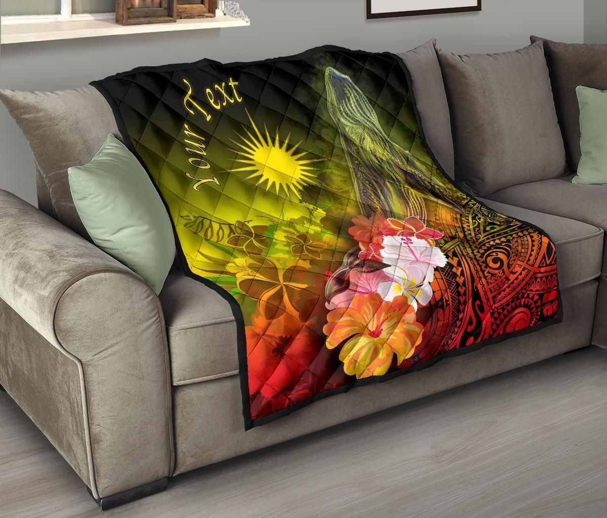Marshall Islands Custom Personalised Premium Quilt - Humpback Whale with Tropical Flowers (Yellow)