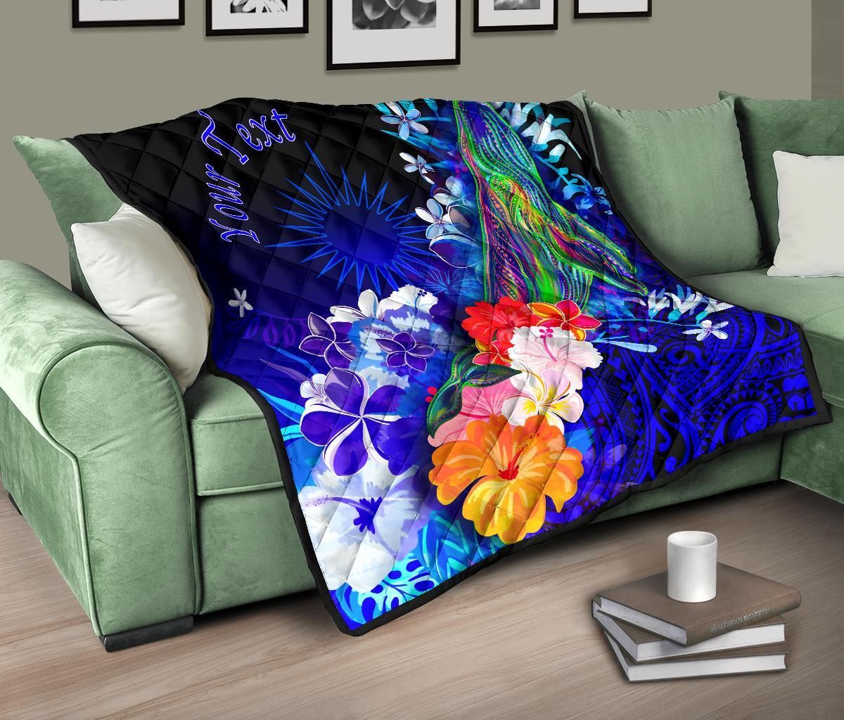 Marshall Islands Custom Personalised Premium Quilts - Humpback Whale with Tropical Flowers (Blue)