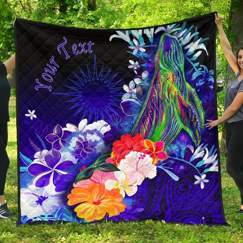 Marshall Islands Custom Personalised Premium Quilts - Humpback Whale with Tropical Flowers (Blue)