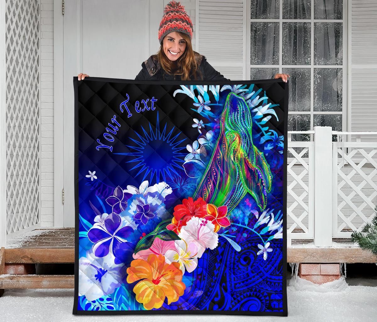 Marshall Islands Custom Personalised Premium Quilts - Humpback Whale with Tropical Flowers (Blue)