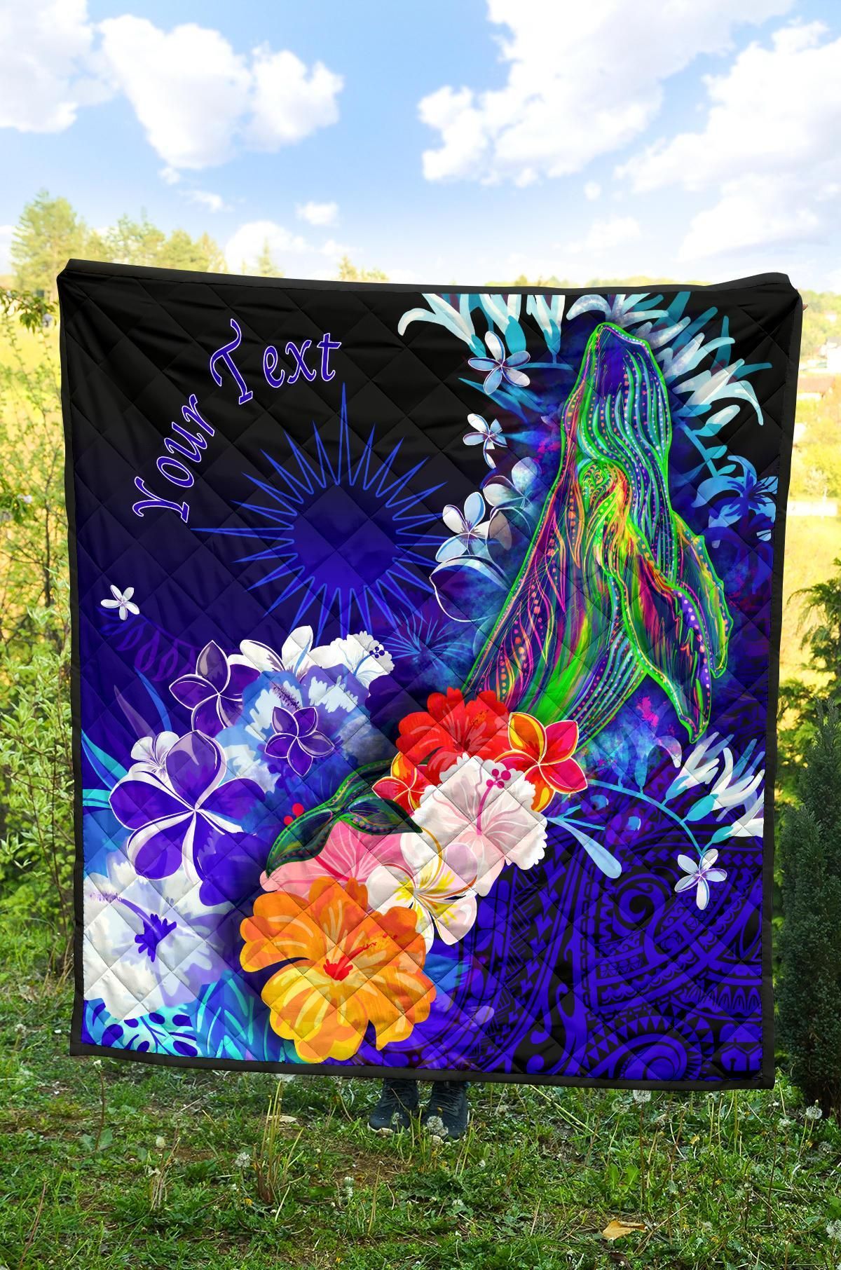 Marshall Islands Custom Personalised Premium Quilts - Humpback Whale with Tropical Flowers (Blue)
