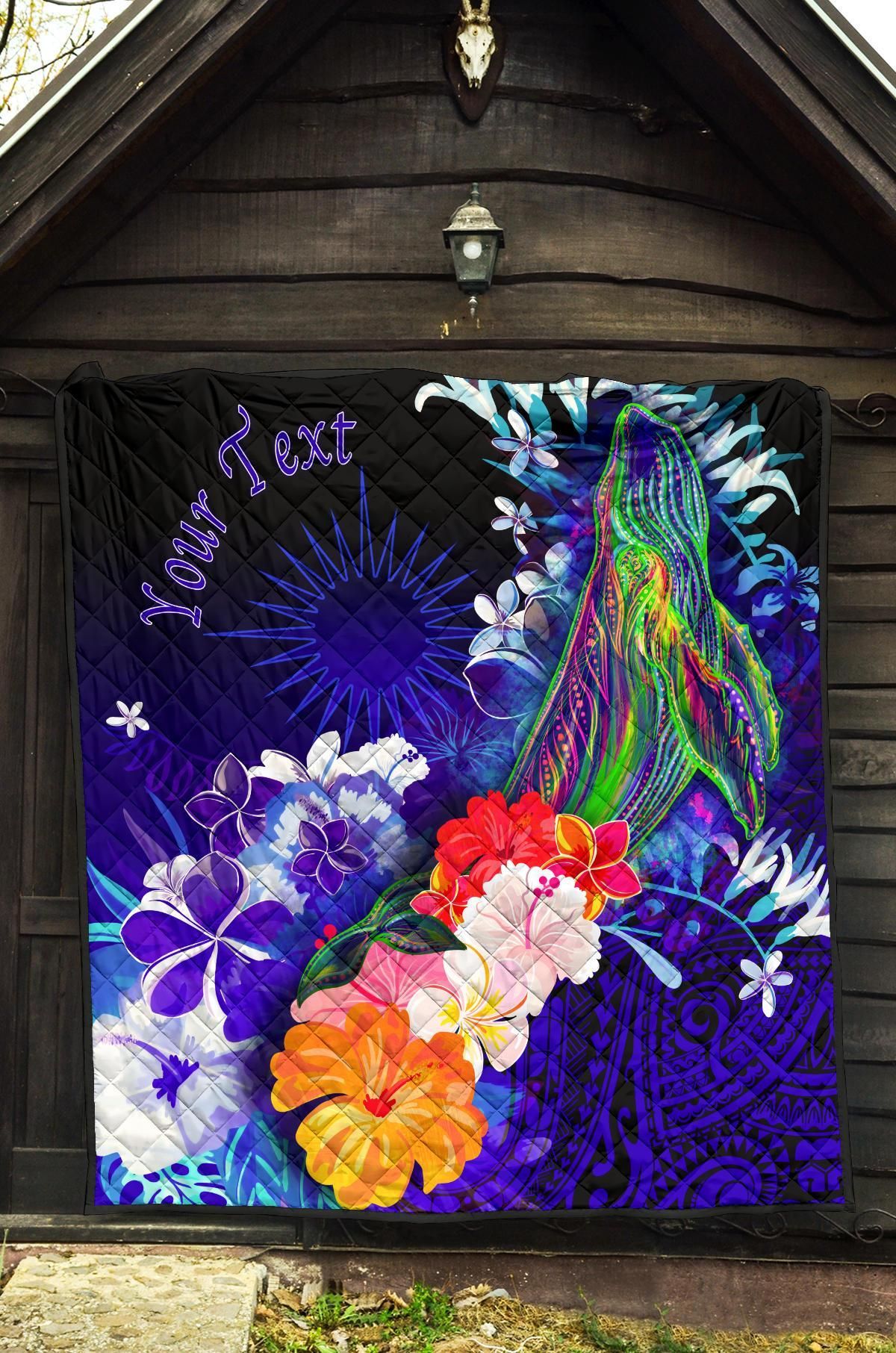 Marshall Islands Custom Personalised Premium Quilts - Humpback Whale with Tropical Flowers (Blue)