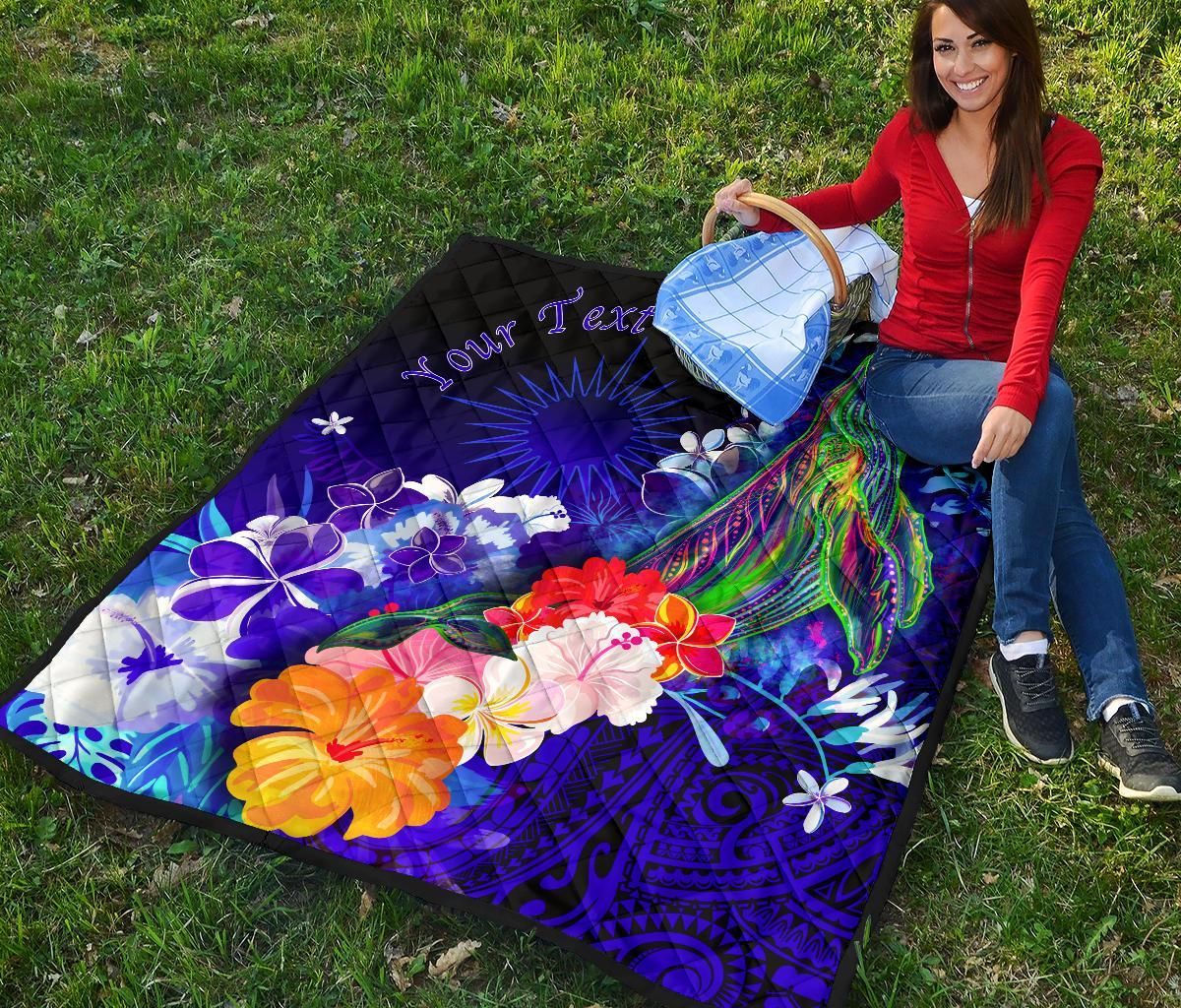 Marshall Islands Custom Personalised Premium Quilts - Humpback Whale with Tropical Flowers (Blue)