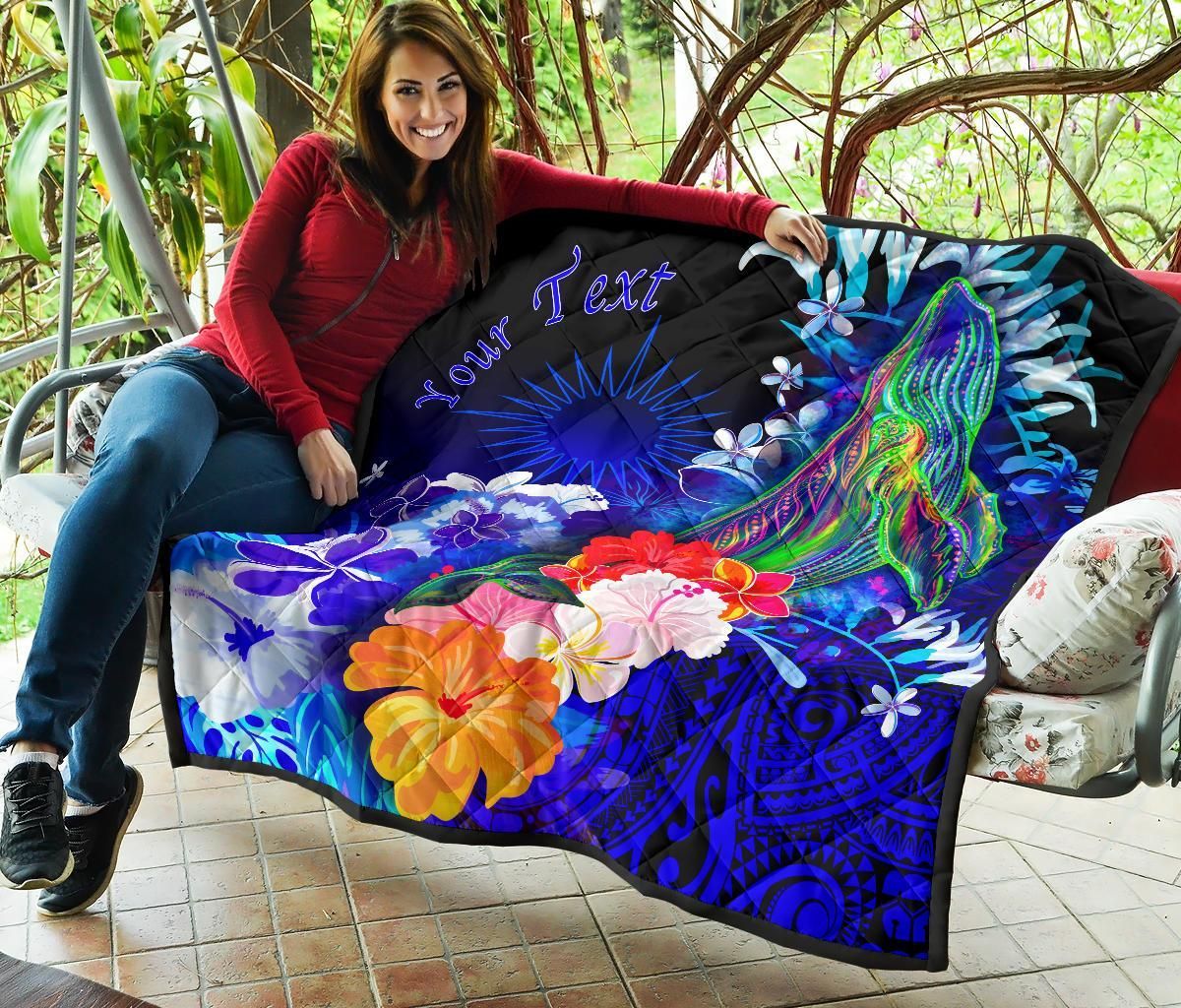 Marshall Islands Custom Personalised Premium Quilts - Humpback Whale with Tropical Flowers (Blue)
