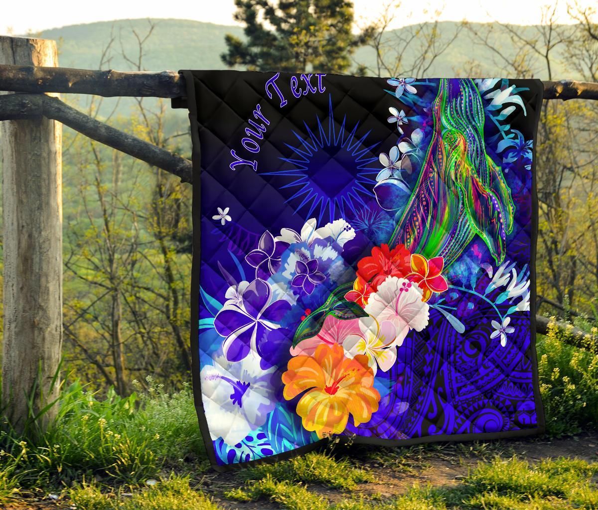 Marshall Islands Custom Personalised Premium Quilts - Humpback Whale with Tropical Flowers (Blue)