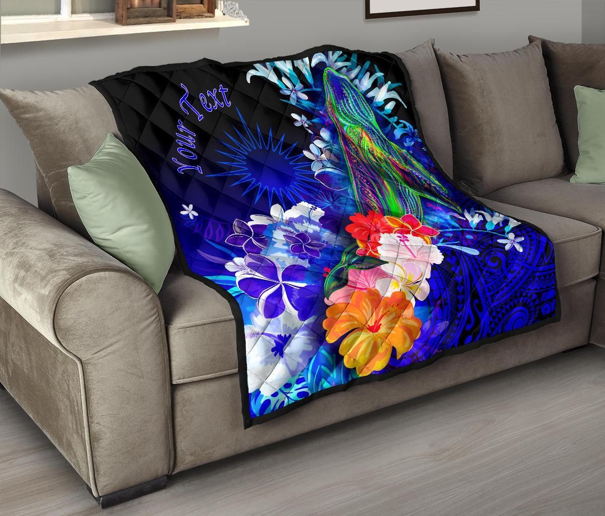 Marshall Islands Custom Personalised Premium Quilts - Humpback Whale with Tropical Flowers (Blue)