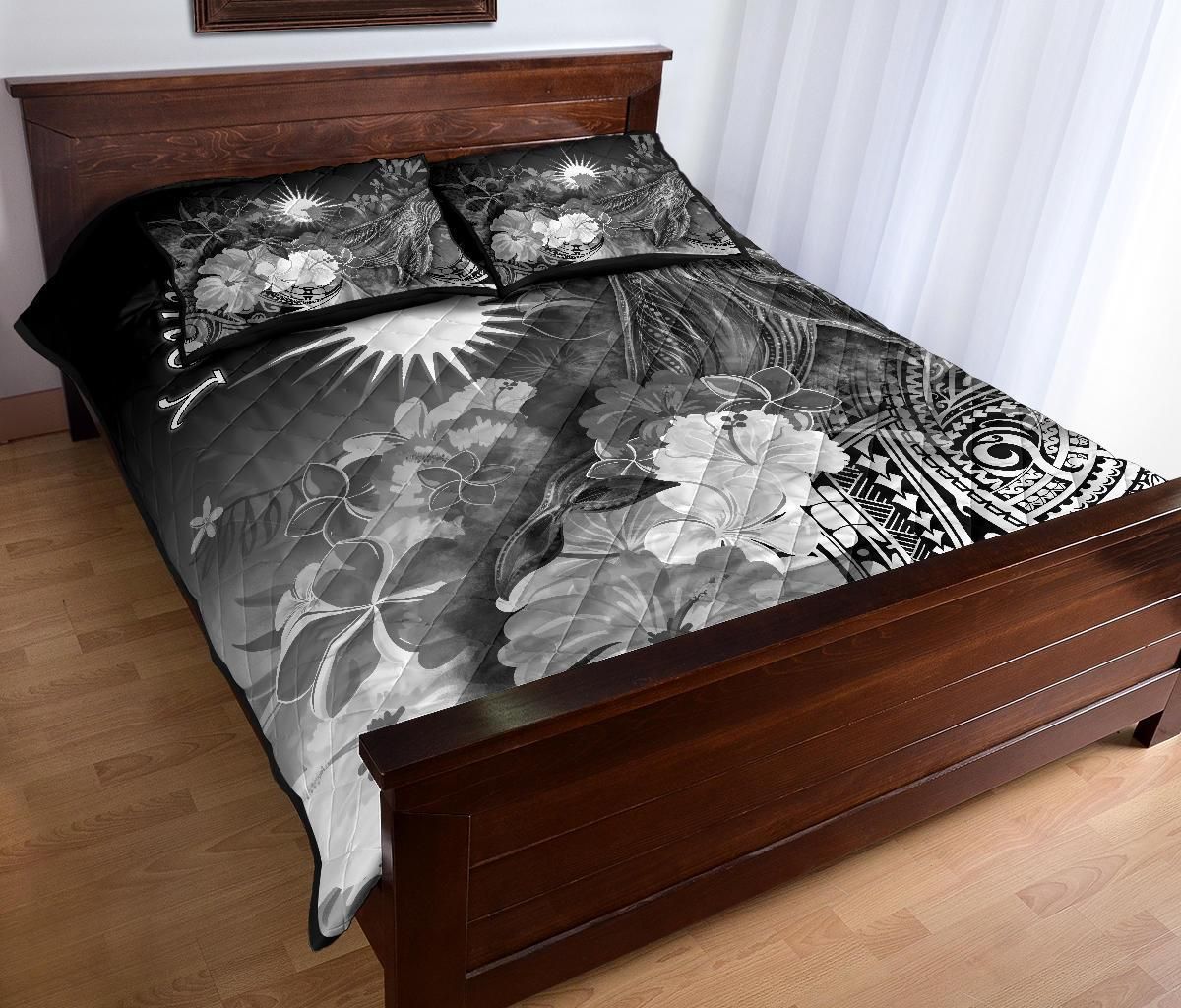 Marshall Islands Custom Personalised Quilt Bed Set - Humpback Whale with Tropical Flowers (White)