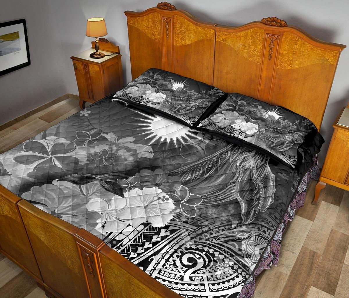 Marshall Islands Custom Personalised Quilt Bed Set - Humpback Whale with Tropical Flowers (White)