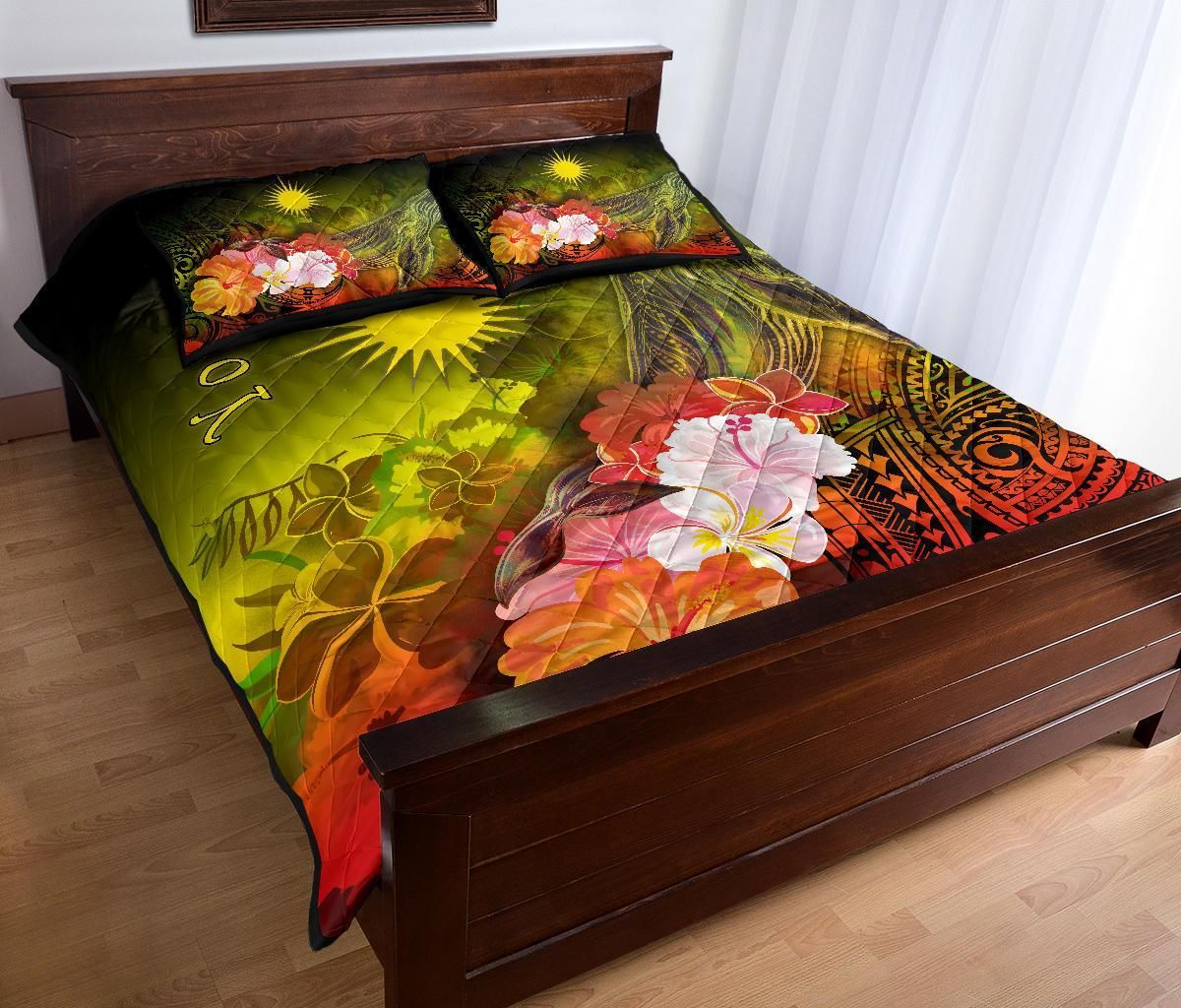 Marshall Islands Custom Personalised Quilt Bed Set - Humpback Whale with Tropical Flowers (Yellow)