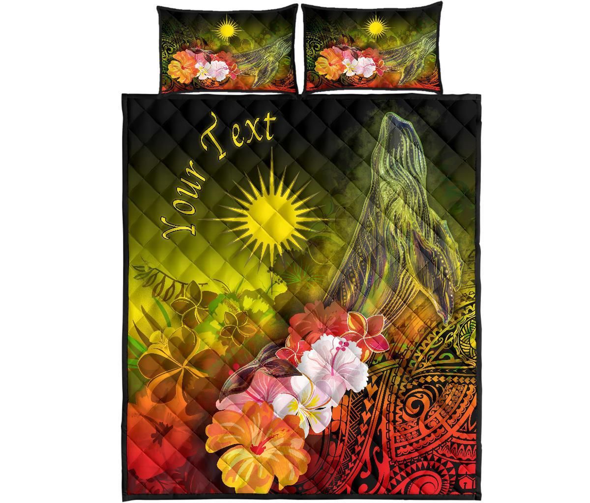 Marshall Islands Custom Personalised Quilt Bed Set - Humpback Whale with Tropical Flowers (Yellow)