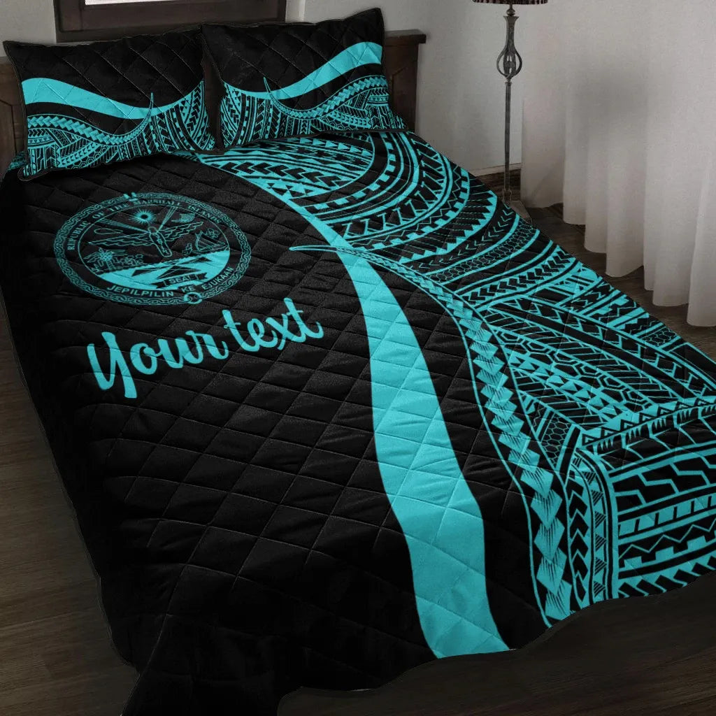 Marshall Islands Custom Personalised Quilt Bed Set - Turquoise Polynesian Tentacle Tribal Pattern Crest