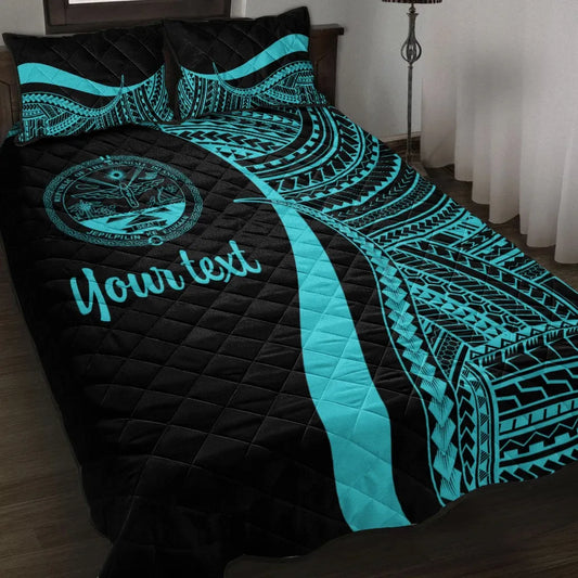 Marshall Islands Custom Personalised Quilt Bed Set - Turquoise Polynesian Tentacle Tribal Pattern Crest