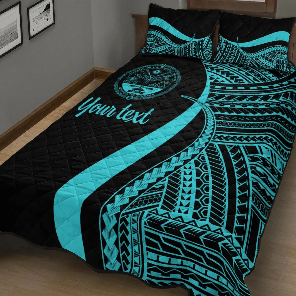 Marshall Islands Custom Personalised Quilt Bed Set - Turquoise Polynesian Tentacle Tribal Pattern Crest