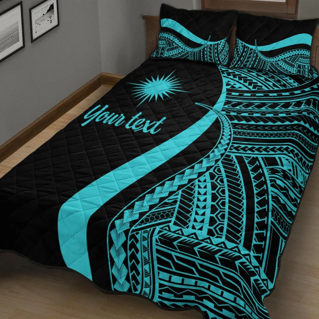 Marshall Islands Custom Personalised Quilt Bed Set - Turquoise Polynesian Tentacle Tribal Pattern