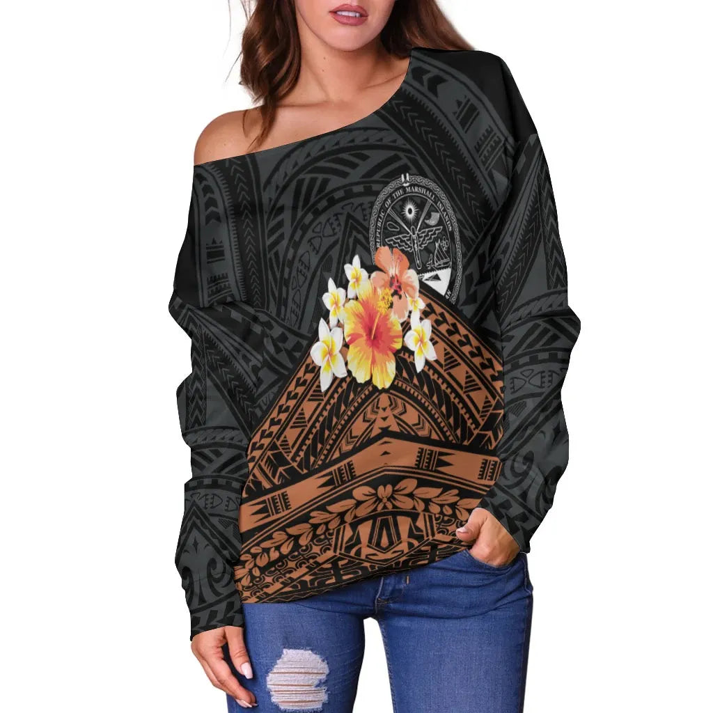 Marshall Islands Custom Personalised Women Off Shoulder Sweaters - Tribal Pattern Hibiscus Crest