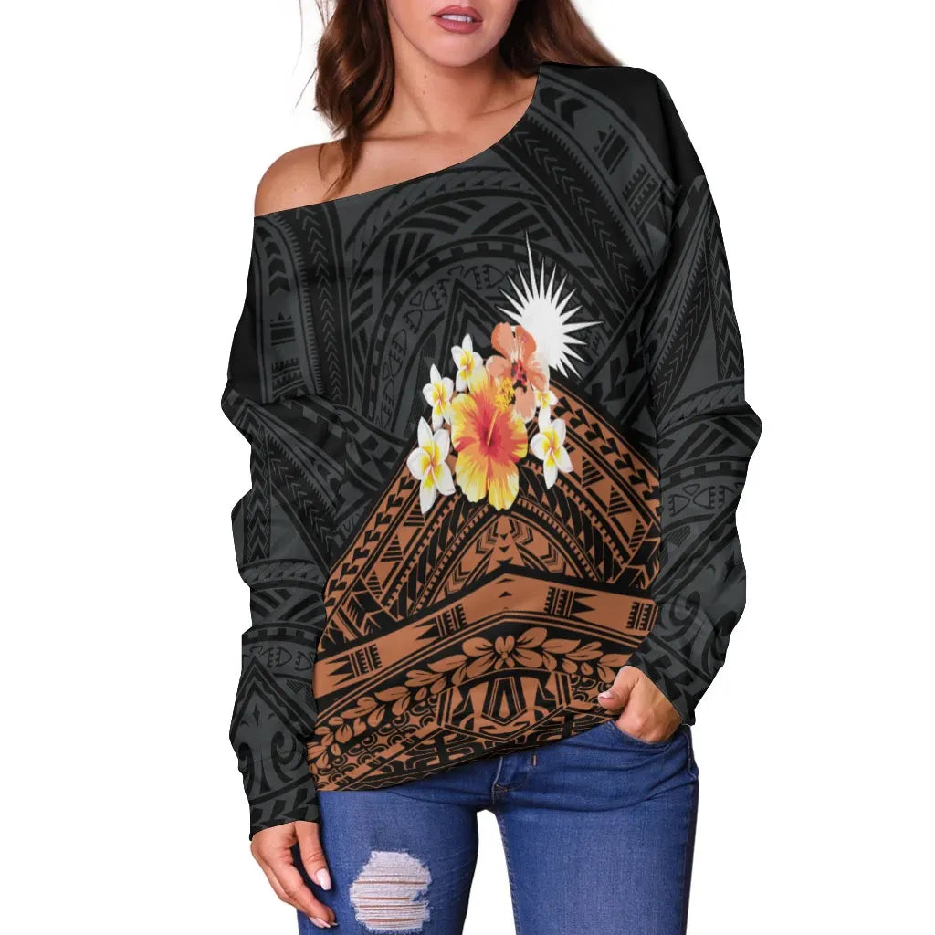 Marshall Islands Custom Personalised Women Off Shoulder Sweaters - Tribal Pattern Hibiscus