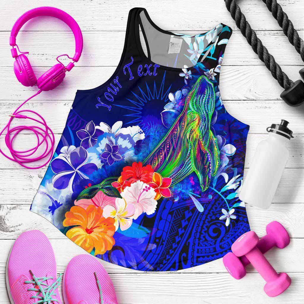 Marshall Islands Custom Personalised Women Racerback Tank - Humpback Whale with Tropical Flowers (Blue)