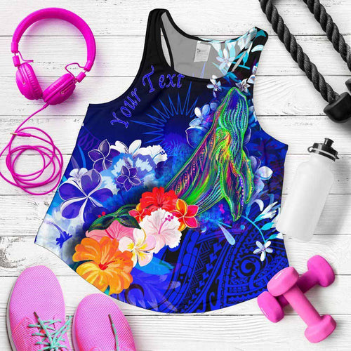 Marshall Islands Custom Personalised Women Racerback Tank - Humpback Whale with Tropical Flowers (Blue)