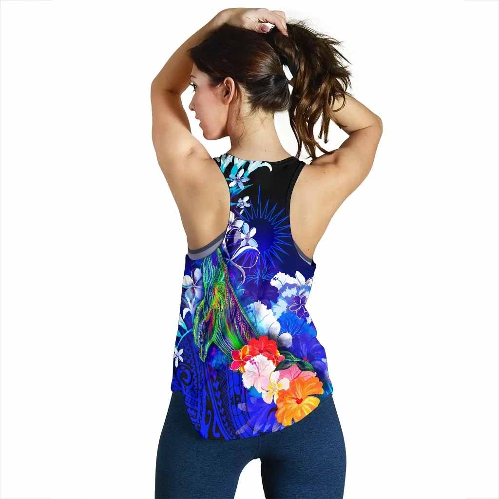 Marshall Islands Custom Personalised Women Racerback Tank - Humpback Whale with Tropical Flowers (Blue)